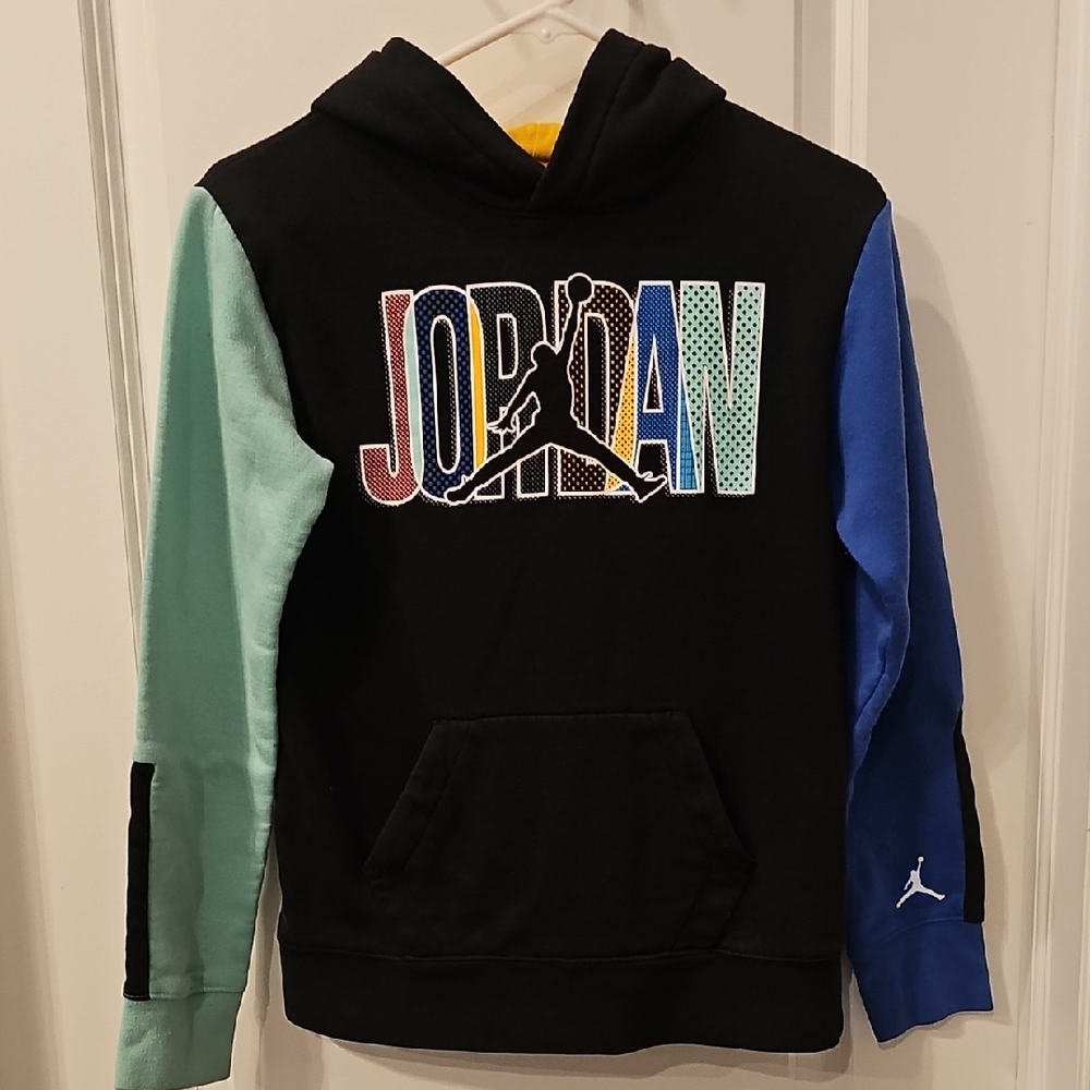 Jordan Kids Black Hoodie with Blue and Green Sleeves